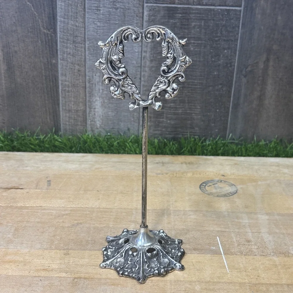 Antique Ornate Silver Plate Table Number Stand Heart Place Card Menu Holder